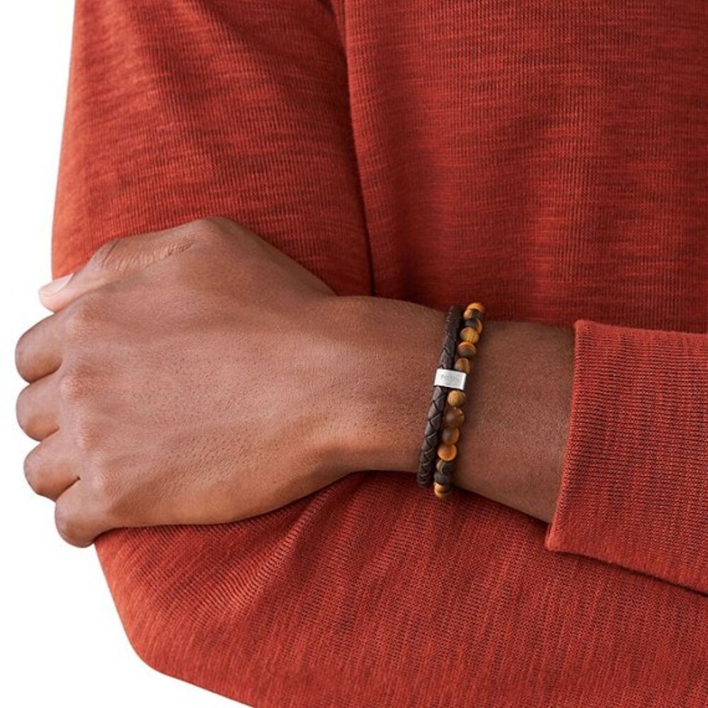 Fossil Men's Tiger's Eye and Brown Leather Link Bracelet - Picture 2 of 8